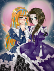 Size: 1200x1600 | Tagged: safe, artist:kin-with-sin, oc, oc only, oc:cold front, oc:disty, human, pegasus, pony, unicorn, blushing, bow, choker, clothes, crossdressing, cute, dress, frills, gay, giggling, heart, holding, humanized, lace, lolita fashion, male, pretty, shipping, smiling, trap, wings