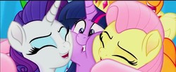 Size: 854x348 | Tagged: safe, screencap, applejack, fluttershy, rarity, twilight sparkle, alicorn, pegasus, pony, unicorn, g4, my little pony: the movie, cheek squish, cute, eyes closed, female, gang hape, group hug, hape, horn, hug, mare, offscreen character, open mouth, personal space invasion, raribetes, shyabetes, squishy cheeks, twiabetes, twilight sparkle (alicorn)