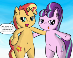 Size: 3000x2400 | Tagged: safe, artist:saburodaimando, starlight glimmer, sunset shimmer, pony, unicorn, g4, belly button, bipedal, cute, duo, female, glimmerbetes, high res, lidded eyes, mare, open mouth, s5 starlight, shimmerbetes, speech bubble, text, tongue out