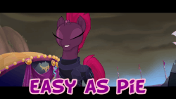 Size: 800x450 | Tagged: safe, edit, screencap, grubber, tempest shadow, pony, g4, my little pony: the movie, animated, broken horn, easy as pie, eye scar, gif, horn, scar, text edit, that hedgehog sure does like pies