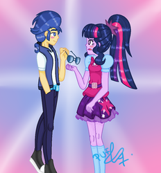Size: 858x924 | Tagged: safe, artist:pufuletika-mlp, flash sentry, sci-twi, twilight sparkle, equestria girls, g4, alternate hairstyle, clothes, couple, female, hairdresser, hairstyle, love, male, outfit, romance, ship:flashlight, ship:sci-flash, shipping, straight