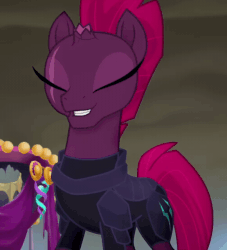 Size: 580x640 | Tagged: safe, screencap, tempest shadow, pony, unicorn, g4, my little pony: the movie, animated, armor, broken horn, concave belly, cropped, easy as pie, eye scar, female, gif, horn, mare, scar, slender, solo, thin, three quarter view
