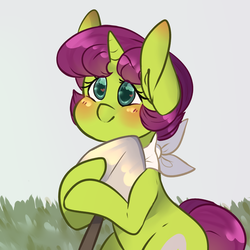 Size: 2000x2000 | Tagged: safe, artist:php172, oc, oc only, oc:apparently shovel, pony, unicorn, bandana, cute, female, field, filly, heart eyes, high res, shovel, smiling, solo, wingding eyes