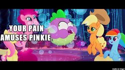 Size: 610x343 | Tagged: safe, edit, edited screencap, screencap, applejack, fluttershy, pinkie pie, rainbow dash, spike, earth pony, pegasus, puffer fish, seapony (g4), unicorn, g4, my little pony: the movie, applejack's hat, bubble, cowboy hat, dorsal fin, fin, fin wings, fins, flowing mane, flowing tail, hat, image macro, meme, ocean, open mouth, open smile, sadism, scales, seaponified, seapony applejack, seapony fluttershy, seapony pinkie pie, seapony rainbow dash, seaquestria, smiling, species swap, spike the pufferfish, tail, underwater, water, wings