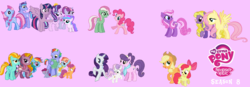 Size: 2700x936 | Tagged: safe, derpibooru exclusive, apple bloom, applejack, bow hothoof, cottonbelle, daisy dreams, fluttershy, lightning dust, lily blossom, minty, pinkie pie, rainbow dash, rainbow flash (g4), rarity, scootaloo, star dreams, starlight glimmer, suri polomare, sweetie belle, twilight sparkle, windy whistles, alicorn, pony, g3, g4, alicornified, alternate cutie mark, baby, baby pony, female, flutterblossom, lesbian, logo, my little pony logo, pink background, race swap, ship:pinkieminty, ship:rainbowdust, ship:twistarlight, shipping, simple background, starlicorn, starlight's parents, stock vector, surity, wat