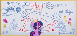 Size: 556x263 | Tagged: safe, screencap, princess celestia, princess luna, twilight sparkle, alicorn, pony, g4, my little pony: the movie, aurora borealis, calculus, diagram, dry erase board, fancy mathematics, female, golden ratio, integral, magnetic field, mare, math, moon, solo, sticky note, sun, twilight sparkle (alicorn)