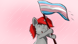 Size: 1280x720 | Tagged: safe, artist:rainyvisualz, oc, oc only, oc:zenatura, pony, unicorn, flag, happy, pride, solo, transgender pride flag