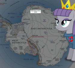 Size: 634x573 | Tagged: safe, artist:facelesssoles, maud pie, earth pony, pony, g4, antarctica, button, clothes, crown, female, jewelry, map, namesake, norway, pun, queen maud land, regalia, solo