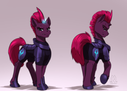 Size: 2800x2000 | Tagged: safe, artist:mykegreywolf, tempest shadow, pony, unicorn, g4, my little pony: the movie, armor, broken horn, clothes, concave belly, eye scar, female, high res, hoof shoes, horn, looking at you, looking back, mare, raised hoof, rear view, scar, shoes, slender, solo, sternocleidomastoid, tail, tail hole, thin