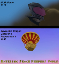 Size: 504x553 | Tagged: safe, edit, edited screencap, screencap, pony, g4, my little pony: the movie, airship, caption, comparison, image macro, meme, playstation, reference, spyro the dragon (series), storm king's ship, text, zeppelin