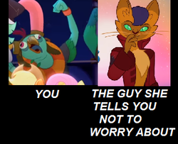 Size: 331x269 | Tagged: safe, screencap, capper dapperpaws, squabble, abyssinian, bird, ornithian, pony, anthro, g4, my little pony: the movie, anthro with ponies, chest fluff, exploitable meme, male, meme, parrot pirates, pirate, you vs. the guy she told you not to worry about