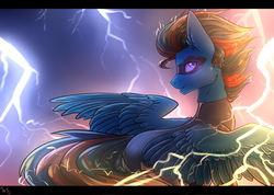 Size: 1024x731 | Tagged: safe, artist:nightskrill, oc, oc only, oc:andrew swiftwing, pegasus, pony, clothes, costume, discharge, electricity, grin, lightning, looking at you, looking over shoulder, male, mask, smiling, solo, spread wings, stallion, stormcloud, superhero, thunder, wings
