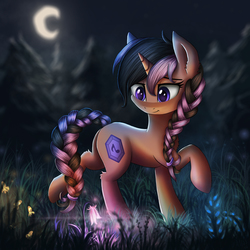 Size: 2000x2000 | Tagged: safe, artist:atlas-66, oc, oc only, oc:aria stone, pony, unicorn, braid, braided tail, crescent moon, female, flower, forest, glowing flower, high res, mare, moon, night, pine tree, smiling, solo, tree