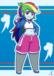 Size: 1000x1400 | Tagged: safe, artist:acesrockz, rainbow dash, equestria girls, g4, belly button, clothes, female, grin, hand on hip, looking at you, midriff, multicolored hair, shirt, short shirt, shorts, smiling, solo, wide hips
