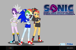 Size: 2605x1708 | Tagged: safe, artist:trungtranhaitrung, rainbow dash, starlight glimmer, sunset shimmer, equestria girls, g4, belly button, boots, clothes, cosplay, costume, crossover, female, friends, group, hand on hip, looking at you, male, midriff, shadow the hedgehog, shoes, shorts, silver the hedgehog, simple background, smiling, socks, sonic 06, sonic the hedgehog, sonic the hedgehog (series), trio