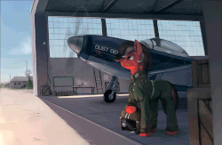 Size: 750x490 | Tagged: safe, artist:rodrigues404, oc, oc only, oc:dustbowl dune, pony, animated, cinemagraph, clothes, commission, day, flight suit, gif, hangar, male, p-51 mustang, plane, smiling, solo, stallion