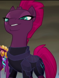 Size: 410x537 | Tagged: safe, screencap, tempest shadow, pony, g4, my little pony: the movie, broken horn, cropped, eye scar, female, horn, mare, scar, smiling, smirk, solo, when she smiles
