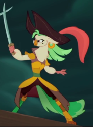 Size: 517x703 | Tagged: safe, screencap, captain celaeno, anthro, g4, my little pony: the movie, amputee, cropped, female, offscreen character, peg leg, prosthetic leg, prosthetic limb, prosthetics, solo, sword, weapon