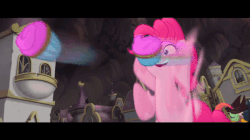 Size: 600x337 | Tagged: safe, screencap, pinkie pie, earth pony, pony, g4, my little pony: the movie, animated, assaulting with cake, black bars, cupcake, fast food, female, food, gif, letterboxing