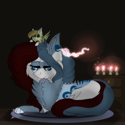 Size: 2560x2560 | Tagged: safe, artist:brokensilence, oc, oc only, oc:auctor, oc:mira songheart, draconequus, candle, candlestick, chest fluff, draconequified, high res, horns, magic, paws, plushie, prone, sleeping, species swap, tongue out