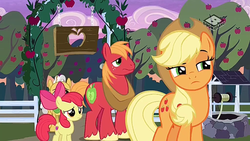 Size: 1280x720 | Tagged: safe, screencap, apple bloom, applejack, big macintosh, grand pear, earth pony, pony, g4, the perfect pear, apple siblings, apple tree, boomerang (tv channel), male, stallion, sweet apple acres, tree