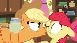 Size: 1280x720 | Tagged: safe, screencap, apple bloom, applejack, earth pony, pony, g4, the perfect pear, angry, boomerang (tv channel), duo, female, filly, foal, mare, nose to nose, nose wrinkle, pear jam