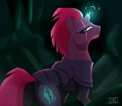 Size: 1239x1080 | Tagged: safe, artist:chikkiarts, tempest shadow, pony, unicorn, g4, my little pony: the movie, armor, broken horn, butt, eye scar, female, horn, mare, plot, scar, solo, sparking horn, tempest shadow is not amused, unamused