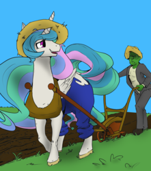 Size: 3264x3700 | Tagged: safe, artist:violise, editor:totallynotanoob, princess celestia, oc, oc:anon, alicorn, pony, g4, /mlp/, 4chan, butt, clothes, colored, drawthread, duo, farm, frown, hat, high res, horses doing horse things, labor, labour, looking back, overalls, pants, plot, plow, shirt, smiling, straw hat, tack, the ass was fat