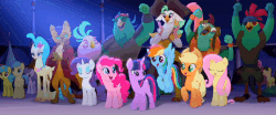 Size: 960x400 | Tagged: safe, screencap, applejack, boyle, capper dapperpaws, captain celaeno, clear skies, fluttershy, golden delicious, lemon hearts, lix spittle, mullet (g4), pinkie pie, princess skystar, rainbow dash, rarity, red delicious, squabble, twilight sparkle, abyssinian, alicorn, bird, classical hippogriff, earth pony, hippogriff, parrot pirates, pegasus, pony, unicorn, anthro, g4, my little pony: the movie, official, animated, anthro with ponies, apple family member, background pony, chest fluff, female, gif, male, mane six, mare, pirate, stallion, twilight sparkle (alicorn)