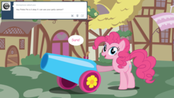 Size: 1280x720 | Tagged: safe, artist:hakunohamikage, pinkie pie, earth pony, pony, ask-princesssparkle, g4, ask, female, party cannon, solo, tumblr