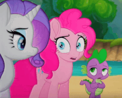 Size: 556x450 | Tagged: safe, screencap, pinkie pie, rarity, spike, dragon, g4, my little pony: the movie, official, animated, gif