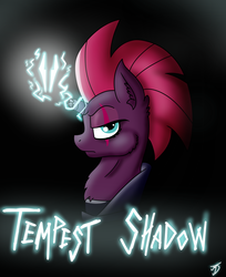 Size: 1223x1500 | Tagged: safe, artist:takutanuvataio, tempest shadow, pony, unicorn, g4, my little pony: the movie, armor, badass, black background, broken horn, eye scar, female, horn, mare, scar, scar on the wrong side, simple background, solo, sparking horn, tempest shadow is not amused, unamused