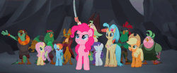Size: 960x400 | Tagged: safe, screencap, applejack, boyle, capper dapperpaws, captain celaeno, fluttershy, lix spittle, mullet (g4), pinkie pie, princess skystar, rainbow dash, rarity, spike, squabble, classical hippogriff, dragon, hippogriff, parrot pirates, anthro, g4, my little pony: the movie, official, animated, basalt beach, cheering, chest fluff, gif, pirate