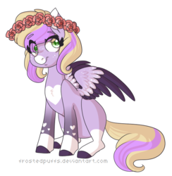 Size: 600x615 | Tagged: safe, artist:frostedpuffs, oc, oc only, oc:rosie sweet, pegasus, pony, female, floral head wreath, flower, mare, simple background, sitting, solo, transparent background