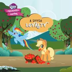 Size: 2048x2048 | Tagged: safe, applejack, rainbow dash, pony, g4, official, apple, apple tree, facebook, food, high res, loyalty, mouth hold, my little pony logo, singapore, sweet apple acres, tree