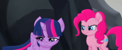 Size: 1920x800 | Tagged: safe, screencap, pinkie pie, twilight sparkle, alicorn, earth pony, pony, g4, my little pony: the movie, angry, argument, female, frown, glare, looking down, mare, sad, twilight sparkle (alicorn)