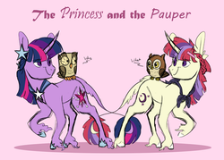 Size: 1600x1146 | Tagged: safe, artist:torusthescribe, moondancer, owlowiscious, twilight sparkle, classical unicorn, owl, pony, unicorn, g4, cloven hooves, crossover, duo, female, horn, leonine tail, mare, simple background, the prince and the pauper, unshorn fetlocks