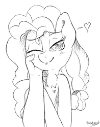Size: 1045x1333 | Tagged: safe, artist:itwasscatters, pear butter, anthro, g4, the perfect pear, blushing, heart, monochrome, sketch