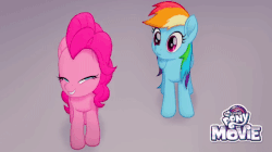 Size: 720x402 | Tagged: safe, screencap, pinkie pie, rainbow dash, pony, g4, my little pony: the movie, official, animated, female, gif, jumping, mlp gif creator