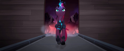 Size: 1920x800 | Tagged: safe, screencap, tempest shadow, pony, unicorn, g4, my little pony: the movie, airship, broken horn, eye scar, glowing eyes, horn, jumping, magic, ramp, scar, sparking horn, storm guard