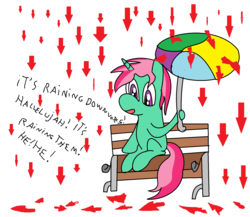 Size: 1592x1382 | Tagged: safe, artist:amateur-draw, oc, oc only, oc:belle boue, pony, downvote bait, ms paint, rain, sad, sitting, umbrella