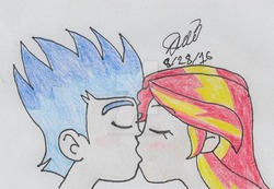 Size: 1024x709 | Tagged: safe, artist:jen-izzy93, flash sentry, sunset shimmer, equestria girls, g4, eyes closed, female, kissing, male, ship:flashimmer, shipping, straight, traditional art, watermark