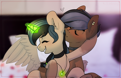 Size: 1262x811 | Tagged: safe, artist:trickate, oc, oc only, oc:jane, oc:oliver, alicorn, pony, alicorn oc, choker, ear fluff, eyes closed, female, glowing horn, heart, horn, jewelry, kissing, magic, male, necklace, oc x oc, shipping, smiling, spiked choker, straight