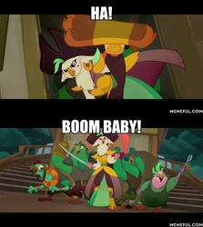 Size: 600x674 | Tagged: safe, edit, edited screencap, screencap, boyle, captain celaeno, lix spittle, mullet (g4), squabble, parrot pirates, anthro, g4, my little pony: the movie, image macro, meme, memeful.com, pirate, the emperor's new groove, time to be awesome