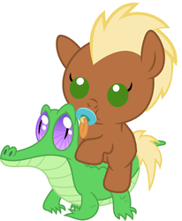 Size: 836x1017 | Tagged: safe, artist:red4567, gummy, meadow song, pony, g4, baby, baby pony, cute, pacifier, ponies riding gators, riding, simple background, white background