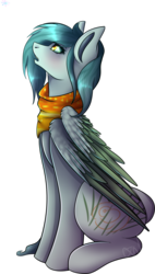 Size: 1024x1797 | Tagged: safe, artist:fizzy2014, oc, oc only, oc:frost, pegasus, pony, clothes, female, looking up, mare, scarf, simple background, sitting, solo, transparent background