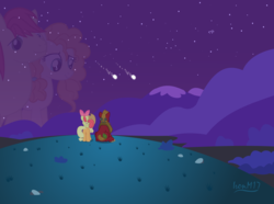 Size: 6656x4960 | Tagged: safe, artist:ironm17, apple bloom, applejack, big macintosh, bright mac, pear butter, pony, g4, the perfect pear, absurd resolution, apple siblings, applejack's parents, female, hill, male, memories, memory, meteor, night, night sky, ship:brightbutter, shipping, shooting star, sky, stargazing, stars, straight