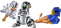 Size: 1517x712 | Tagged: safe, artist:january3rd, oc, oc only, griffon, zebra, colored pupils, cross-eyed, ear piercing, earring, faceclaw, facepalm, flying, griffon oc, jewelry, piercing, silly, simple background, sitting, tongue out, transparent background