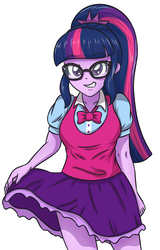 Size: 2244x3507 | Tagged: safe, artist:sumin6301, sci-twi, twilight sparkle, equestria girls, g4, breasts, clothes, cute, female, glasses, high res, looking at you, ponytail, simple background, skirt, skirt lift, skirt pull, smiling, solo, teasing, twiabetes, white background
