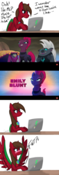 Size: 1366x3999 | Tagged: safe, artist:nepkatluvr, grubber, tempest shadow, oc, oc:lightblade, pegasus, pony, unicorn, g4, my little pony: the movie, blushing, broken horn, comic, computer, emily blunt, eye scar, female, horn, jewelry, laptop computer, lesbian, male, mare, necklace, scar, spread wings, wingboner, wings